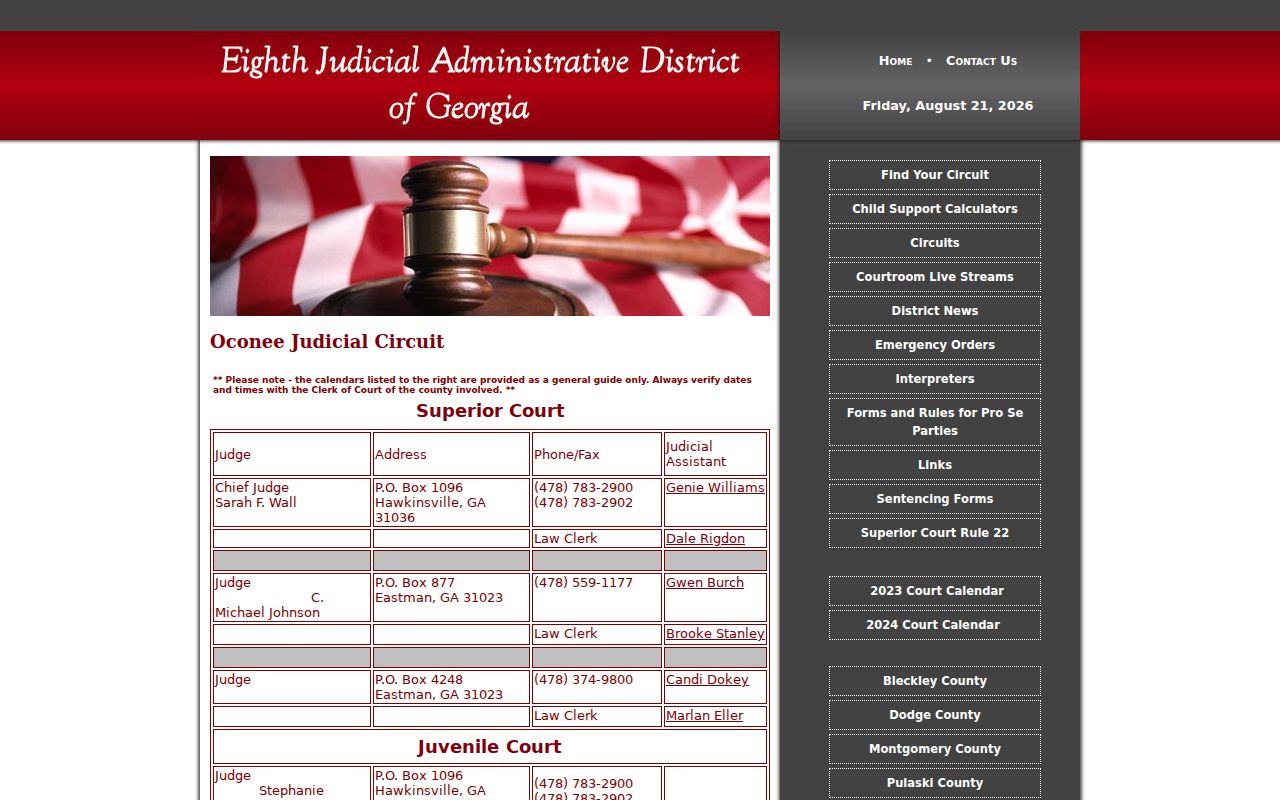 Oconee Judicial Circuit contacts and calendar information
