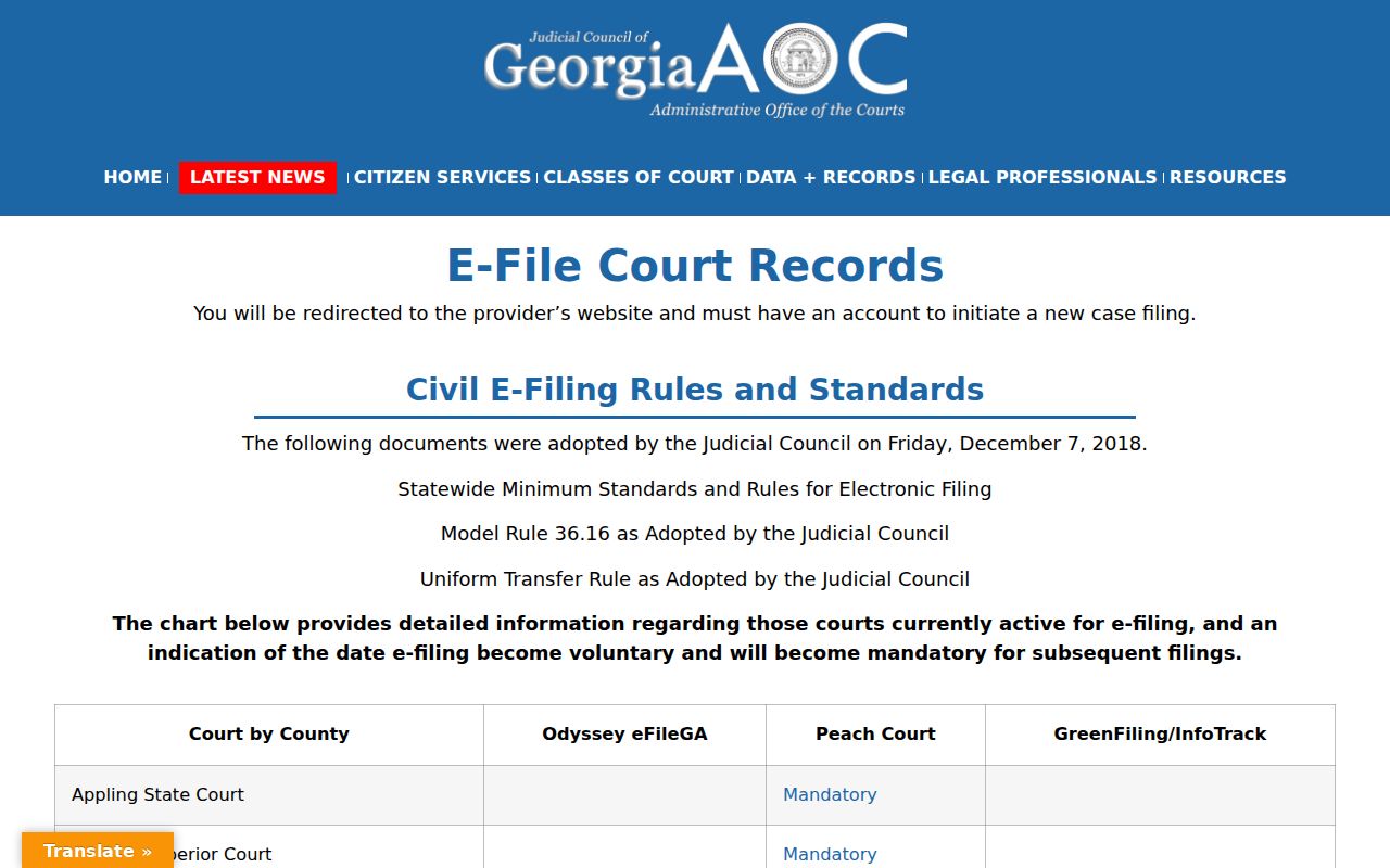 Georgia Courts eFile page routing Telfair Superior Court filings through PeachCourt