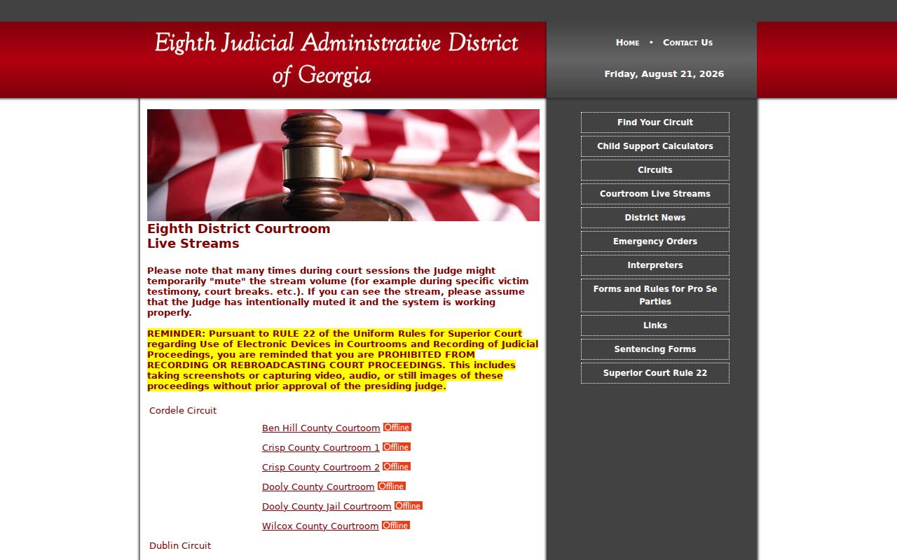 Eighth District Telfair courtroom livestream and Rule 22 notice